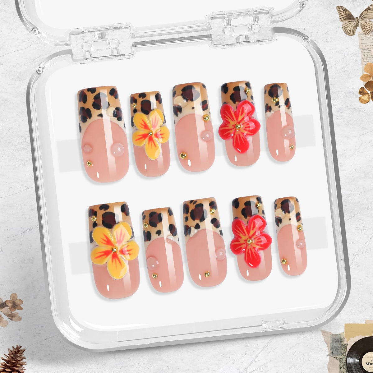 Luxury Baroque Press-On Nails 10pcs, Handmade Long Square Acrylic Nails with Sculpted Gold Relief, Gemstone Heart Charms & Pearl Details, Vintage Green Brown Glossy Design for Statement Style – Appife