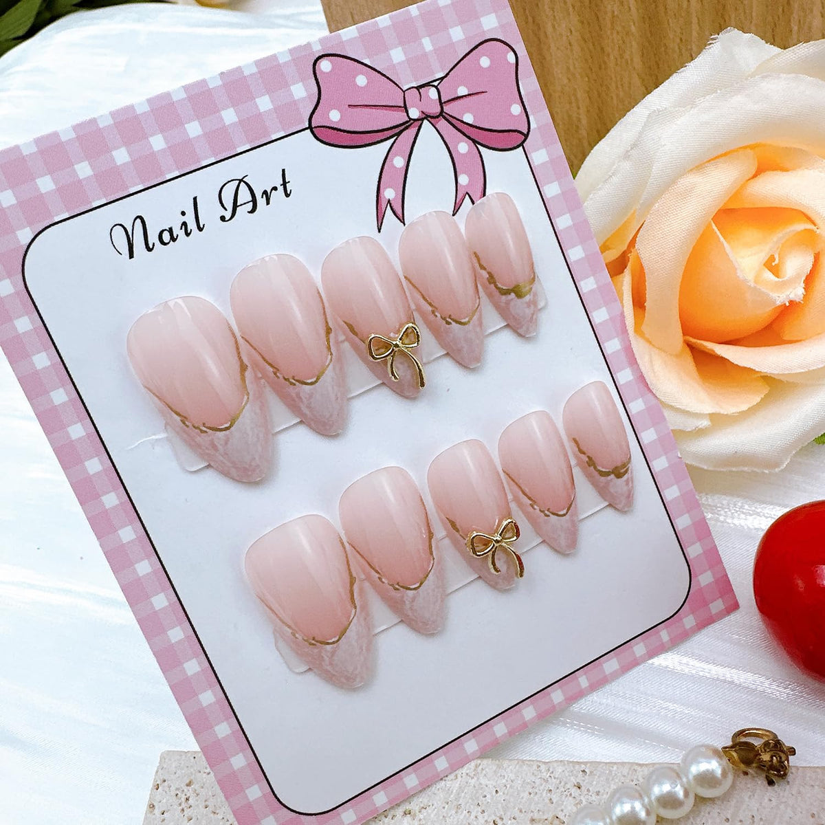 24Pcs Almond Press on Nails Medium Length White French Tip Fake Nails with Gold Lines Designs 3D Bow Acrylic Nails Reusable Cute False Nail Set Nude Glossy French Full Cover Glue on Nails for Women