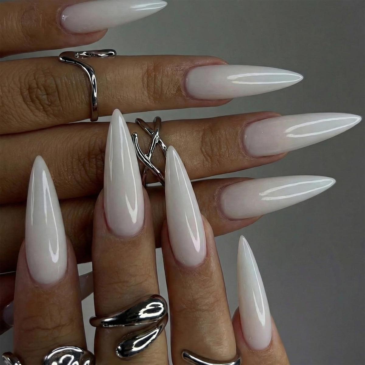 SINHOT Stiletto Press on Nails Long Fake Nails Glossy Glue on Nails Luxury Rhinestones Acrylic Nail White Bling Glitter Almond Artificial Nail Stick on False Nail with Design 24pcs