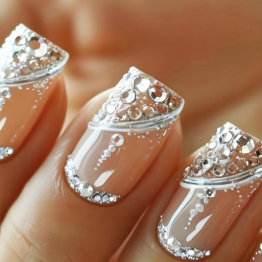 Press on Nails Silver Glitter Rhinestone Medium Square Fake Nails