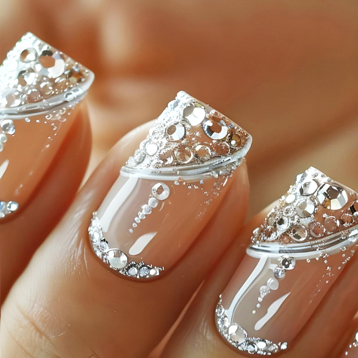 White French Tips Press on Nails 24Pcs Glossy Silver Glitter Acrylic Fake Nails Sparkly False Nail Milky Way Gel Glue on Nail Stars Stick on Medium Square Fingernails for Coquette Women Girls