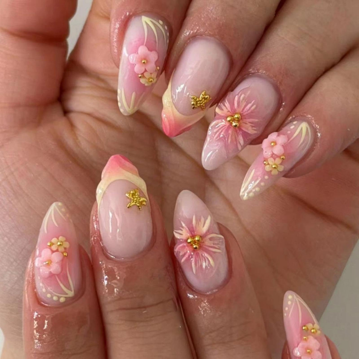 3D Handmade Pink Flower Press on Nails Blue French Tip Almond Fake Nails with Gold Metal Charms Luxury Reusable Full Cover Pink Acrylic Nails Press on for Women 24Pcs