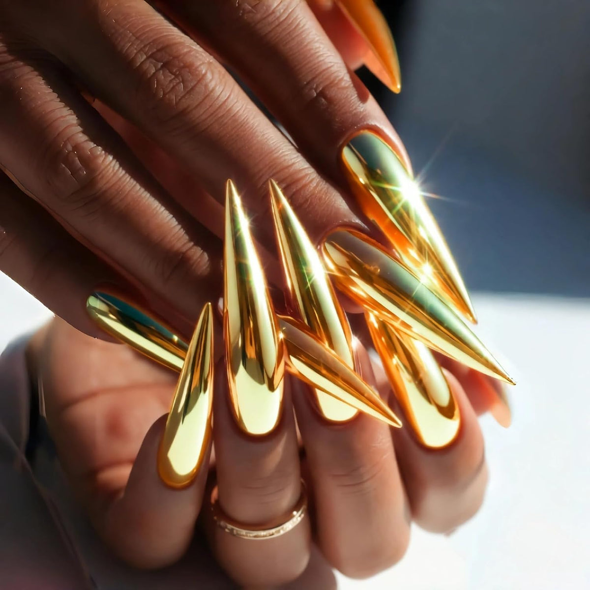 BABALAL Long Stiletto Press on Nails Metallic Gold Chrome Fake Nails