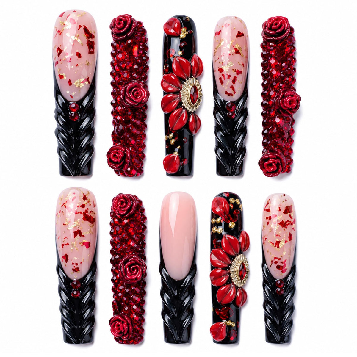 Long Square Handmade Press on Nails - White French Tip Acrylic Fake Nails with Crystals Gems, Elegant Bridal Reusable False Nails for Wedding Manicure 10 Pack (Size M)