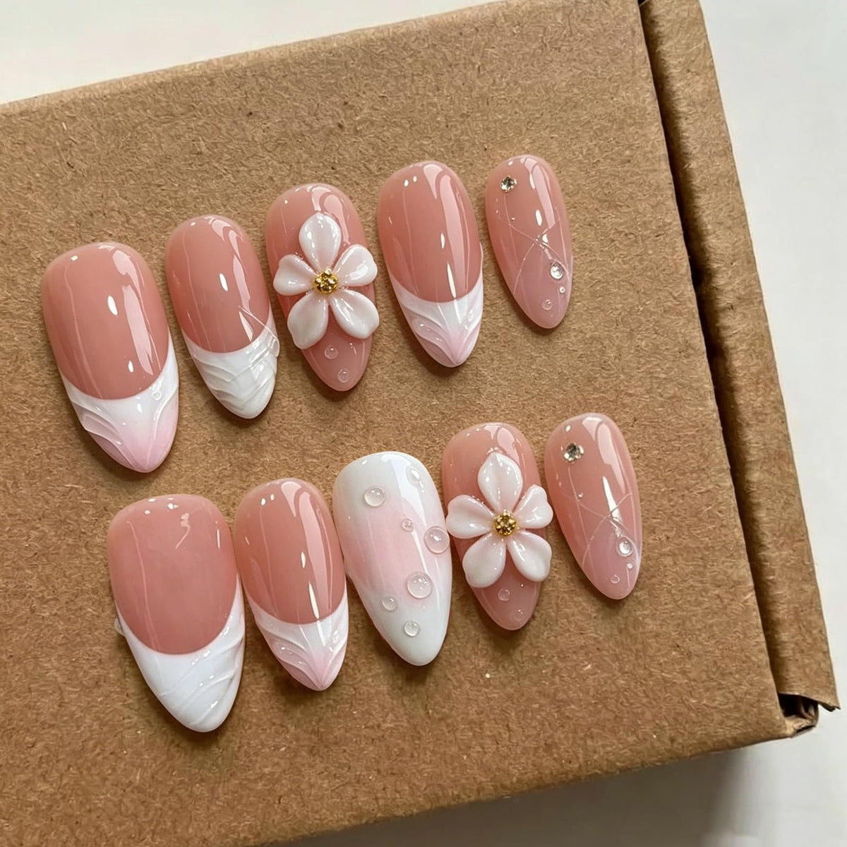 Handmade Almond Press on Nails Medium, Nude White French Tip Fake Nails with 3D White Flower Gold Metal Lines Pearl Decor, Glossy Reusable Full Cover False Nails for Women Wedding Daily(S)