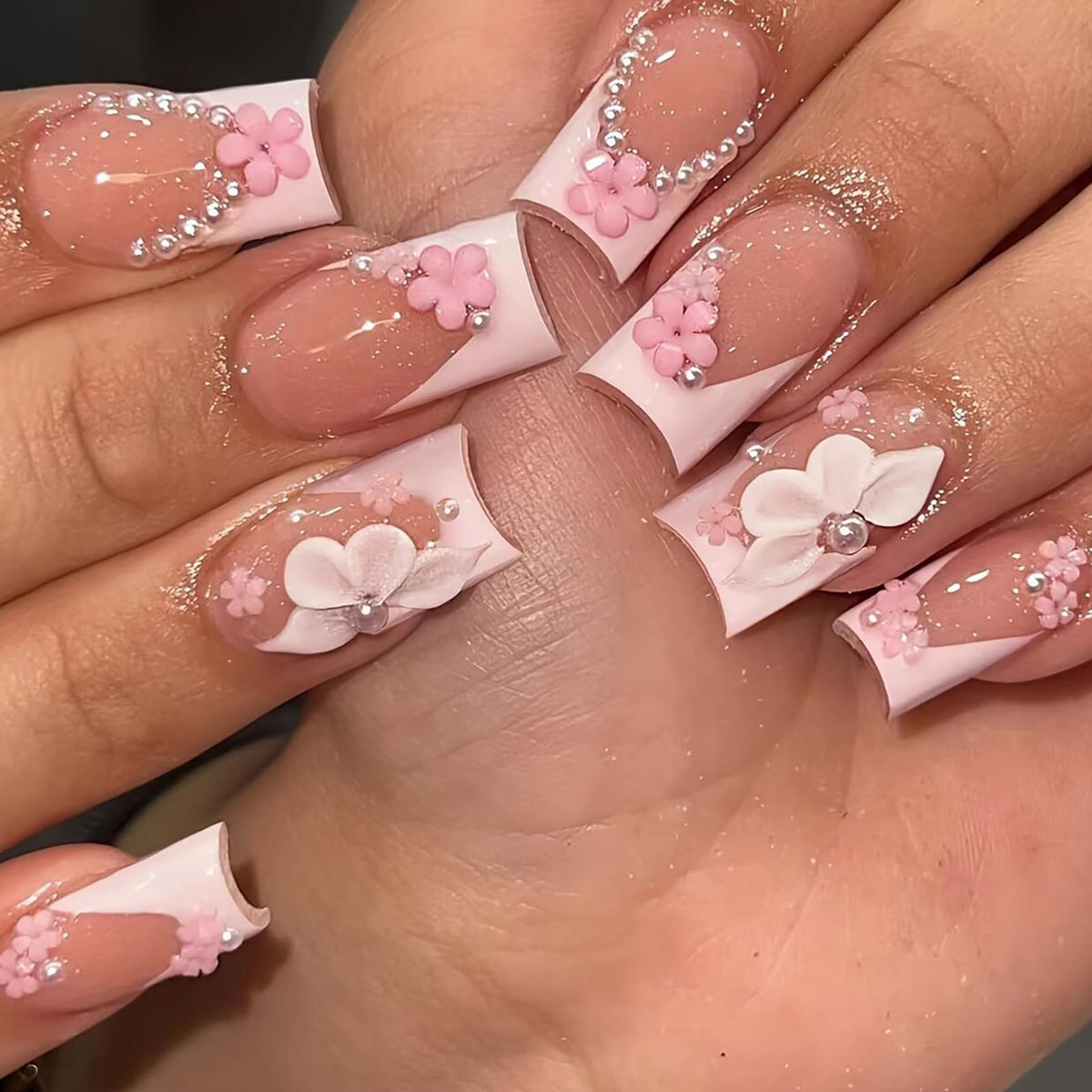 24Pcs Long Square Nude Pink White Nails Press ons Pearl Gold Flower Fake Nails Elegant False Nails Bridal Nails Glue on Luxurious Stick on Nails Casual Work for Girl Women Wedding Formal Occasions