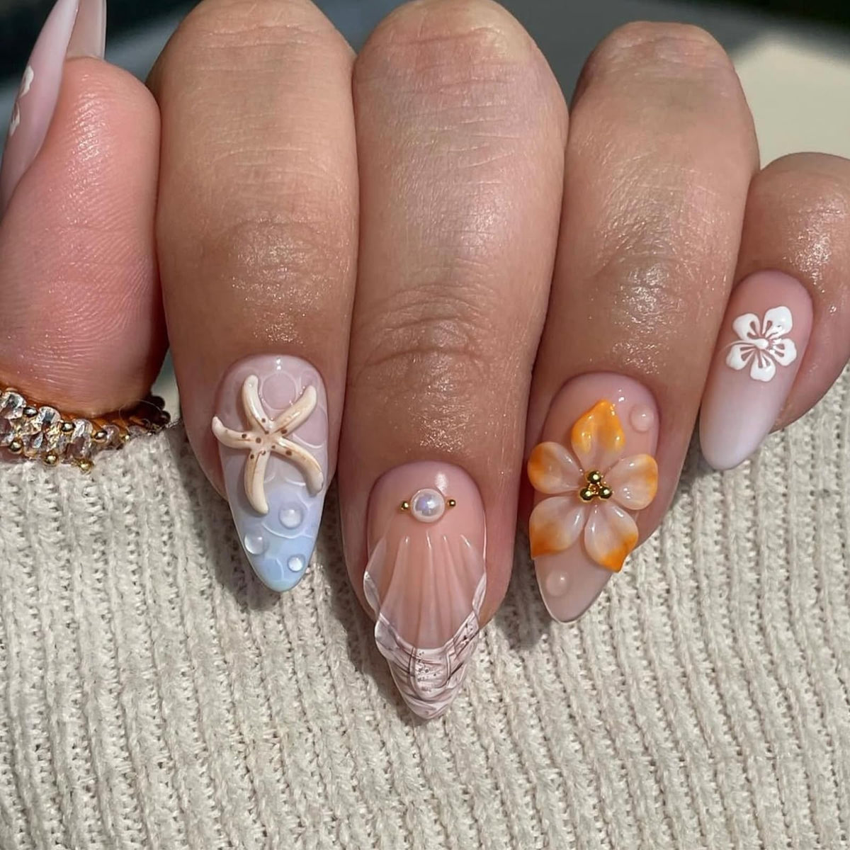 HOSAILY Medium Almond White French Tip Press on Nails 3D White Embossed Floral Designs Fake Nails Pearl Gold Glue on Nails Rhinestones Stick on Nails, 24PCS Bridal Luxury Nails for Women Daily Wedding