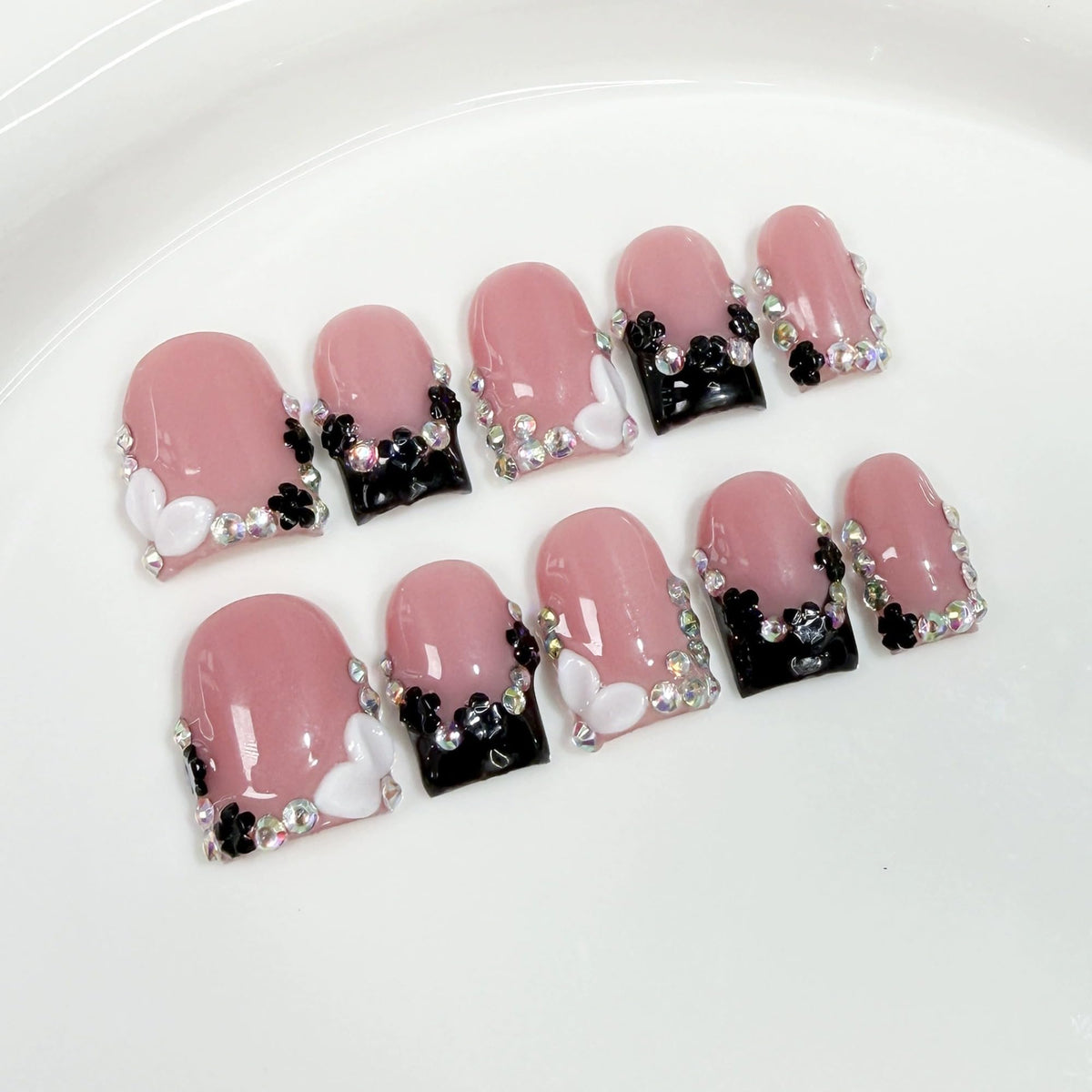 Luxury Handmade Press on Nails Medium Square Fake Nails Blue French False Nails with Ombre 3D Flower Art Design Acrylic Nails Handmade Stick on Nail for Women Manicure 10Pcs (Size M)