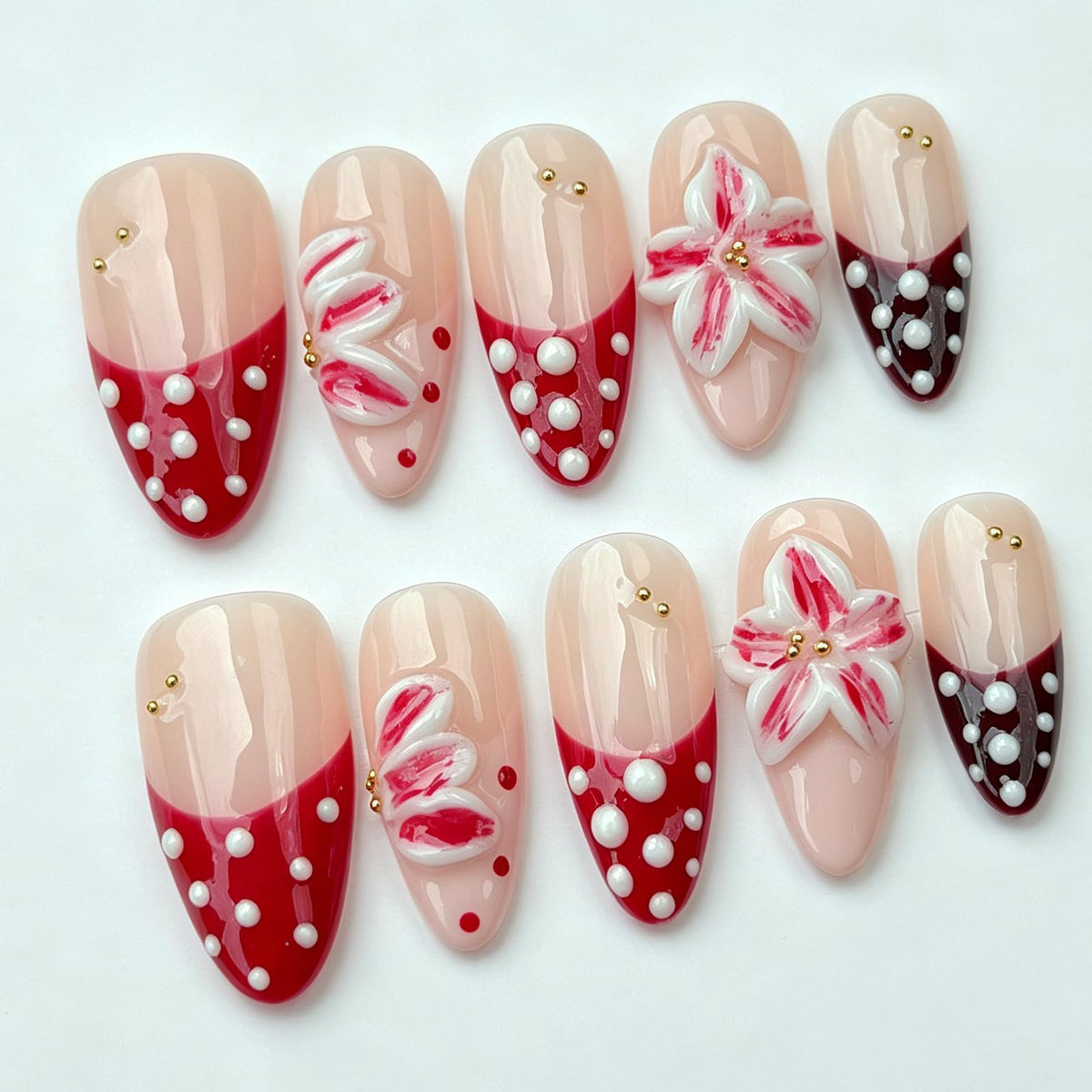 Handmade Press On Nails – Short Almond False Nails for Women, Reusable Acrylic White French Tip with Pearl & 3D Flowers Design – Salon Quality Fake Nails (10PCS Size S)