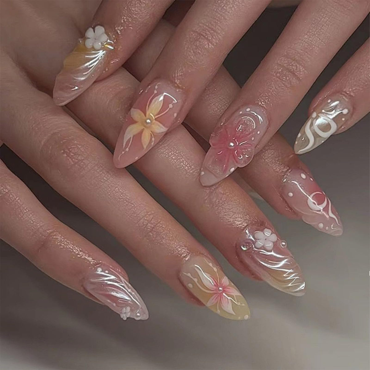 Press On Nails Almond Fake Nails French Tip False Nails Press ons Medium Glue on Nails with Chrome Design for Women Stick on Nail 24Pcs