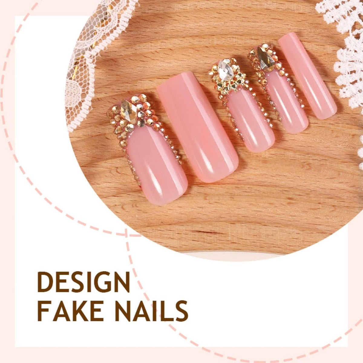 Long Square Press on Nails Bling Gold Chain & Crystal Nails,Fake Nails Artificial Stick on Nails for Women, Nude Pink Glam Prom Wedding Nails with Diamonds