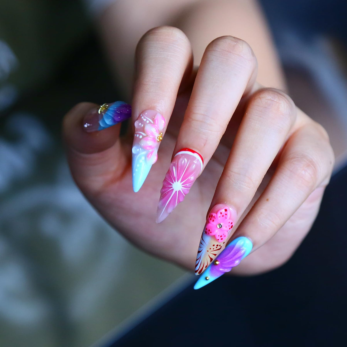 Press on Nails, Handmade Medium Almond Fake Nails, 3D Art False Fingernails with Design Full Cover Fake Nail, Glossy Acrylic Stick on Nails Artificial Nails for Women Manicure 10 Pcs (L)