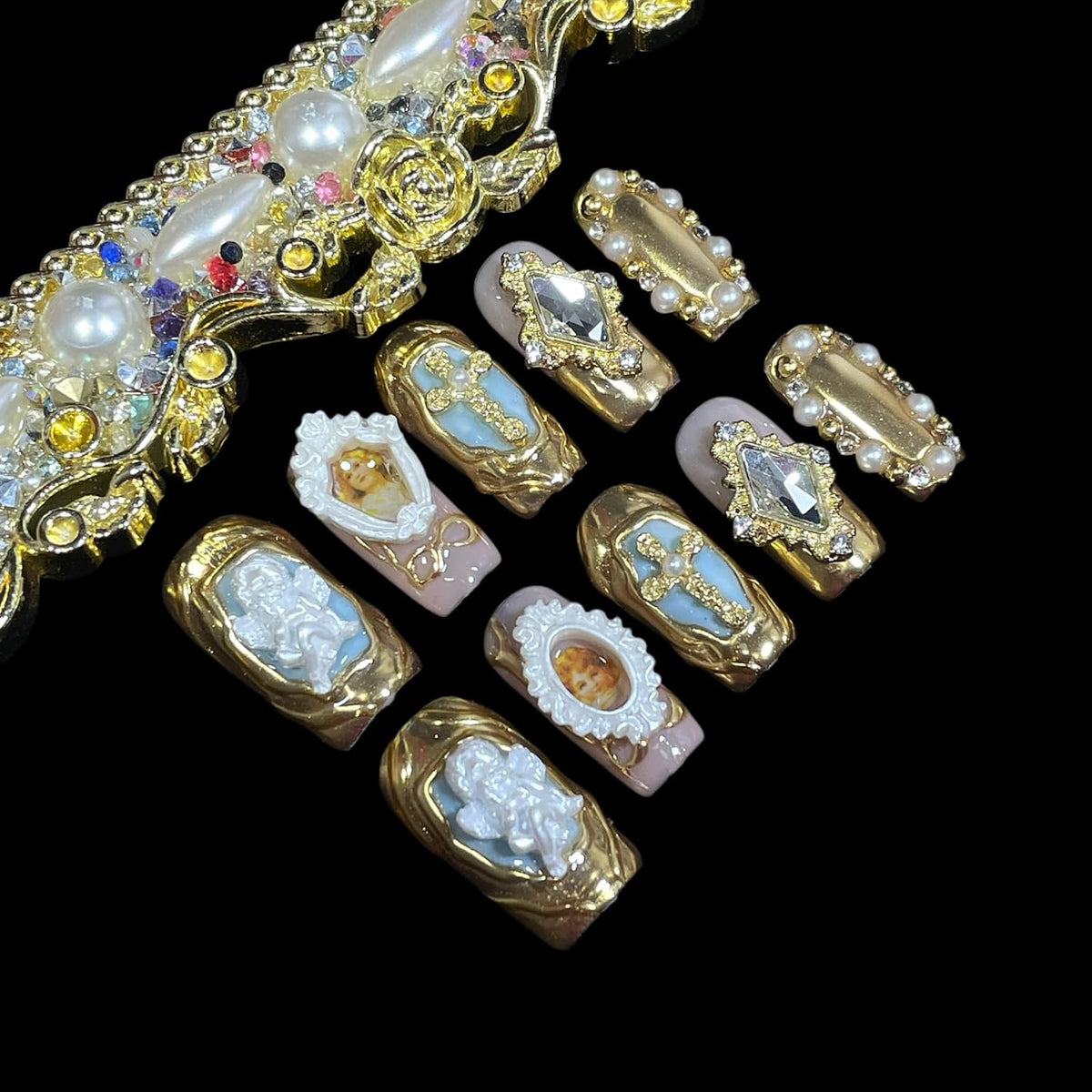 Handmade Press On Nails Luxury Set (Baroque, M)