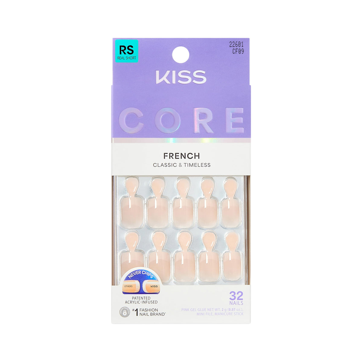 Kiss Core, Press On Nails, Nail glue included, 'Curiosity', White, Medium Size, Almond Shape, Includes 32 Nails, 2g Glue, 1 Manicure Stick, 1 Mini File