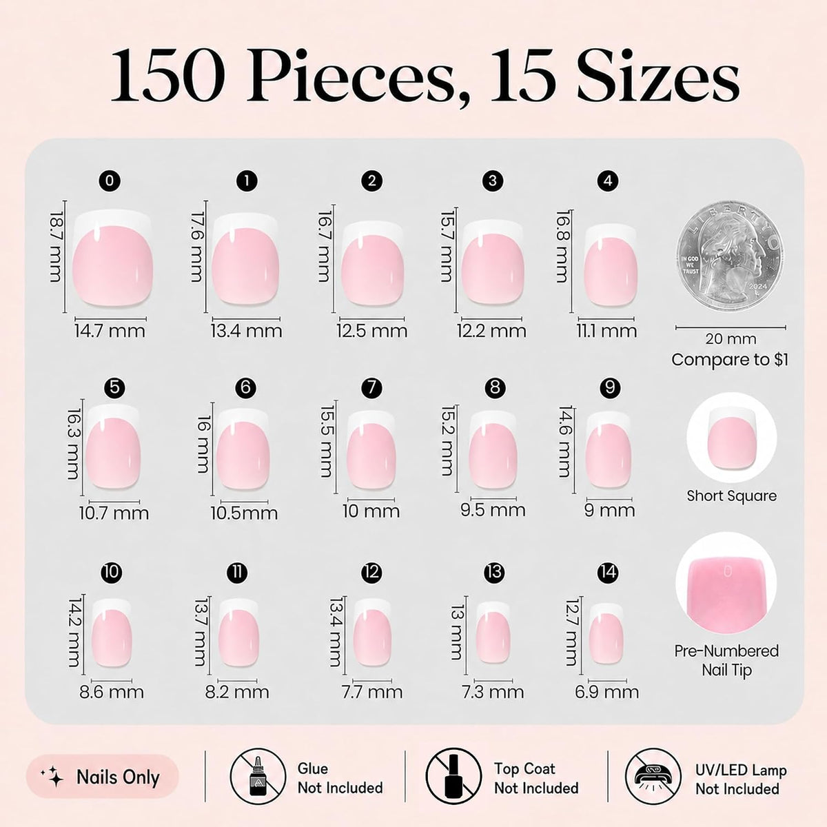 Beetles French Tips Press On Nails - Short Square 150 Pcs