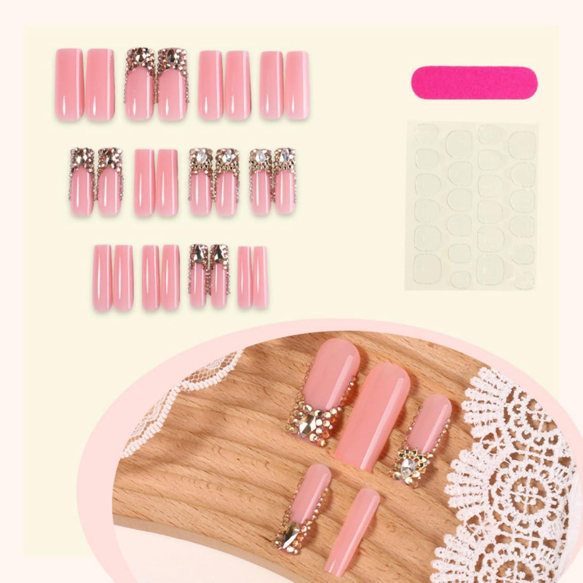 Long Square Press on Nails Bling Gold Chain & Crystal Nails,Fake Nails Artificial Stick on Nails for Women, Nude Pink Glam Prom Wedding Nails with Diamonds