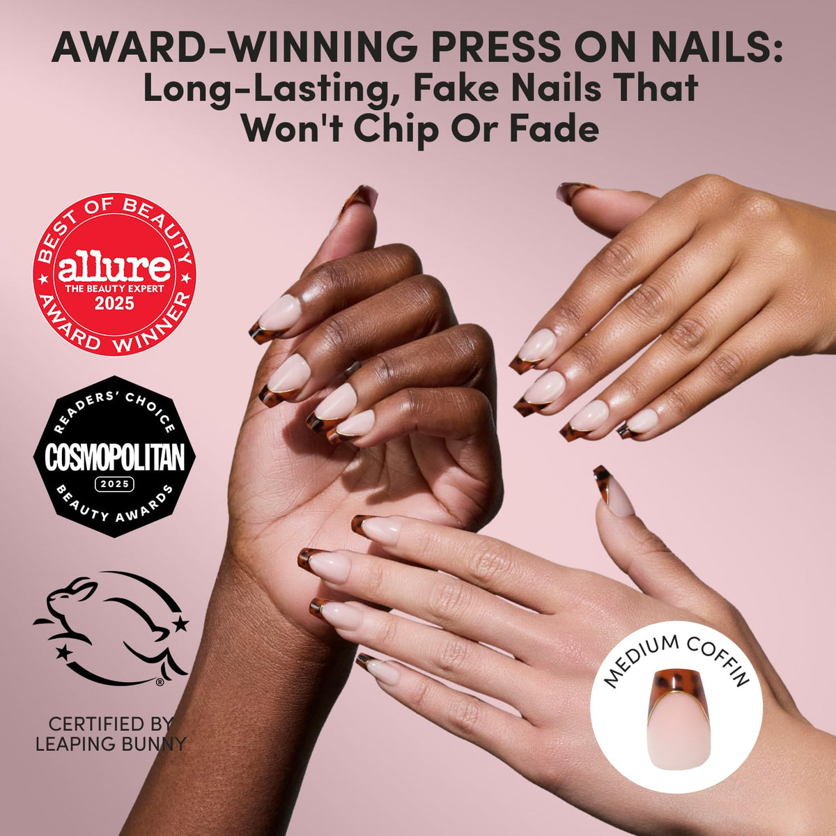 Glamnetic Press On Nails - Medium Coffin, Glossy Fake Nails 30 Pc Full Kit