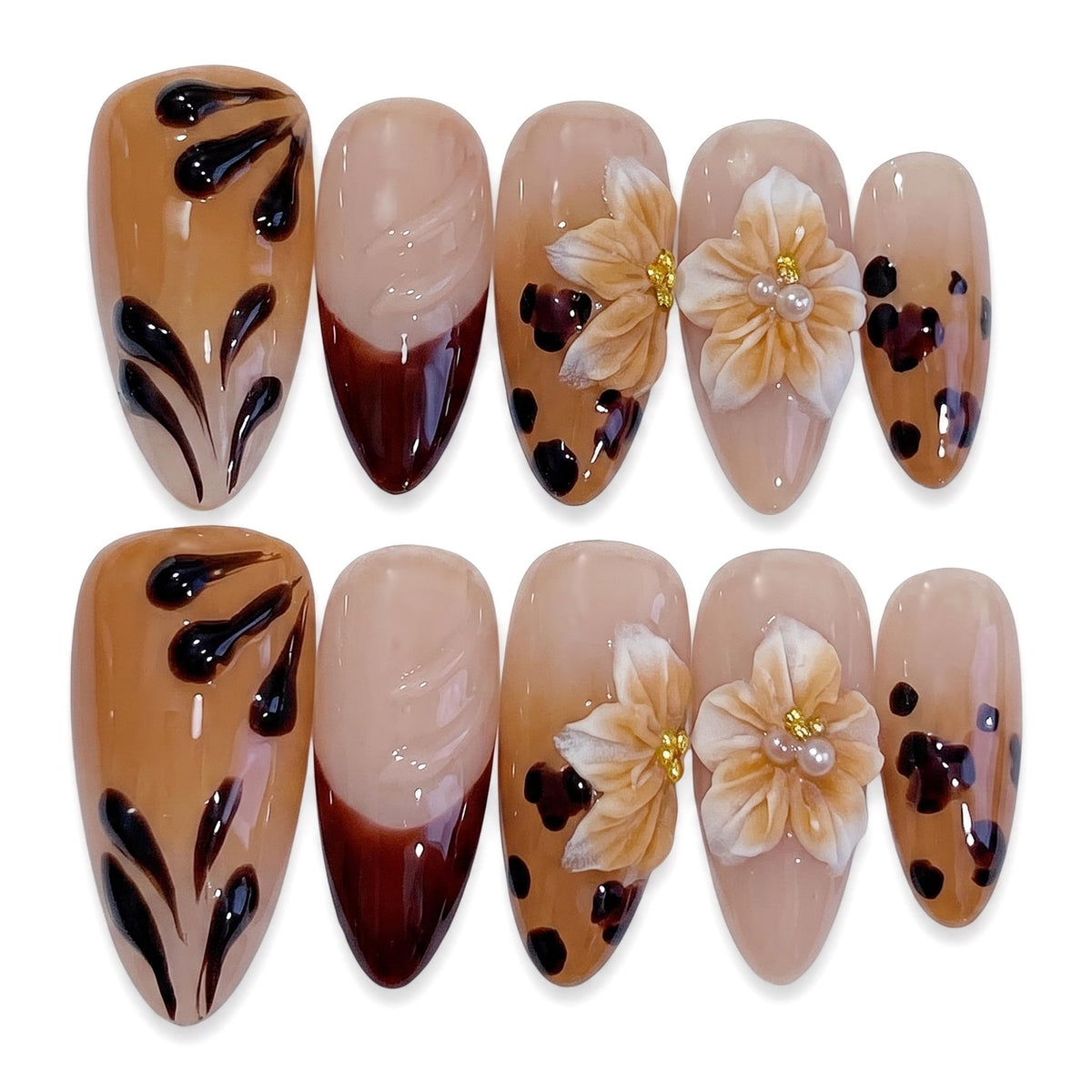 Luxury Handmade Press on Nails Long Stiletto Acrylic Fake Nails with Rhinestone Pearl Designs Glossy Full Cover Reusable Stick on Nails for Women Manicure 10Pcs