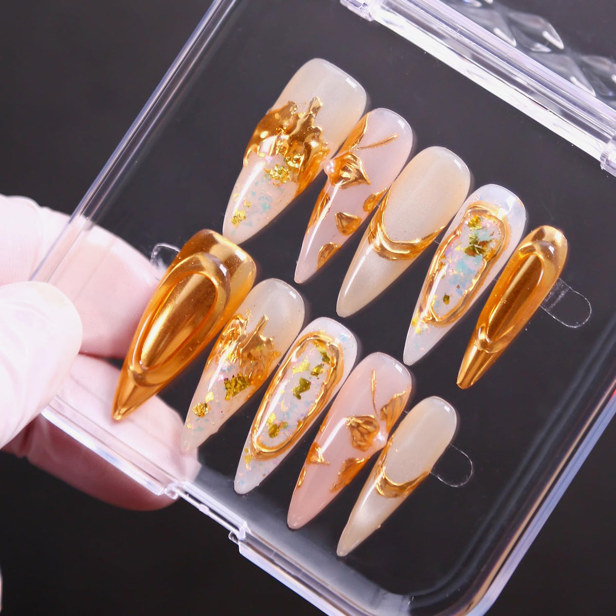 Press on Nails, Handmade Medium Almond Fake Nails, 3D Art False Fingernails with Design Full Cover Fake Nail, Glossy Acrylic Stick on Nails Artificial Nails for Women Manicure 10 Pcs (L)