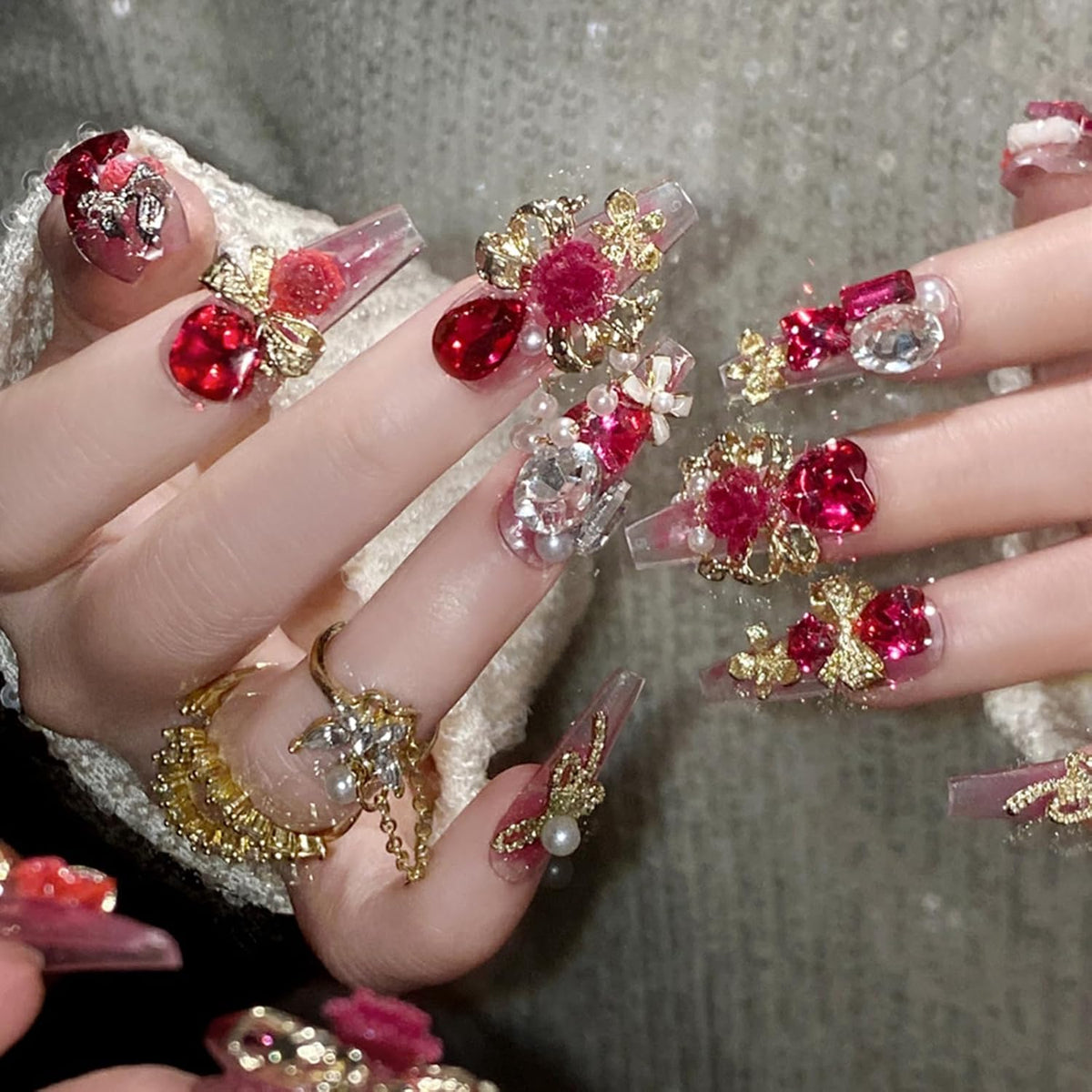 SINHOT Luxury Press on Nails - Long Coffin Fake Nails 3D Handmade Cute Pink Reusable False Nails with Rhinestone Designs,DIY Artificial Nail Art, 24pcs