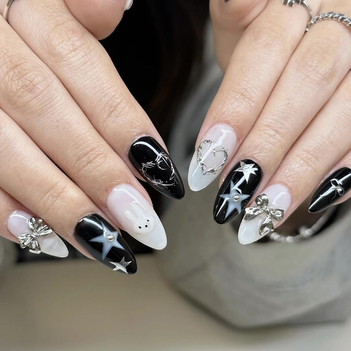 BABALAL Press On Nails - Medium Almond Fake Nails, Pink White Gradient, Rhinestone Gold Bangle, Glossy Coquette Wedding Bridal Glue On Nails 24Pcs