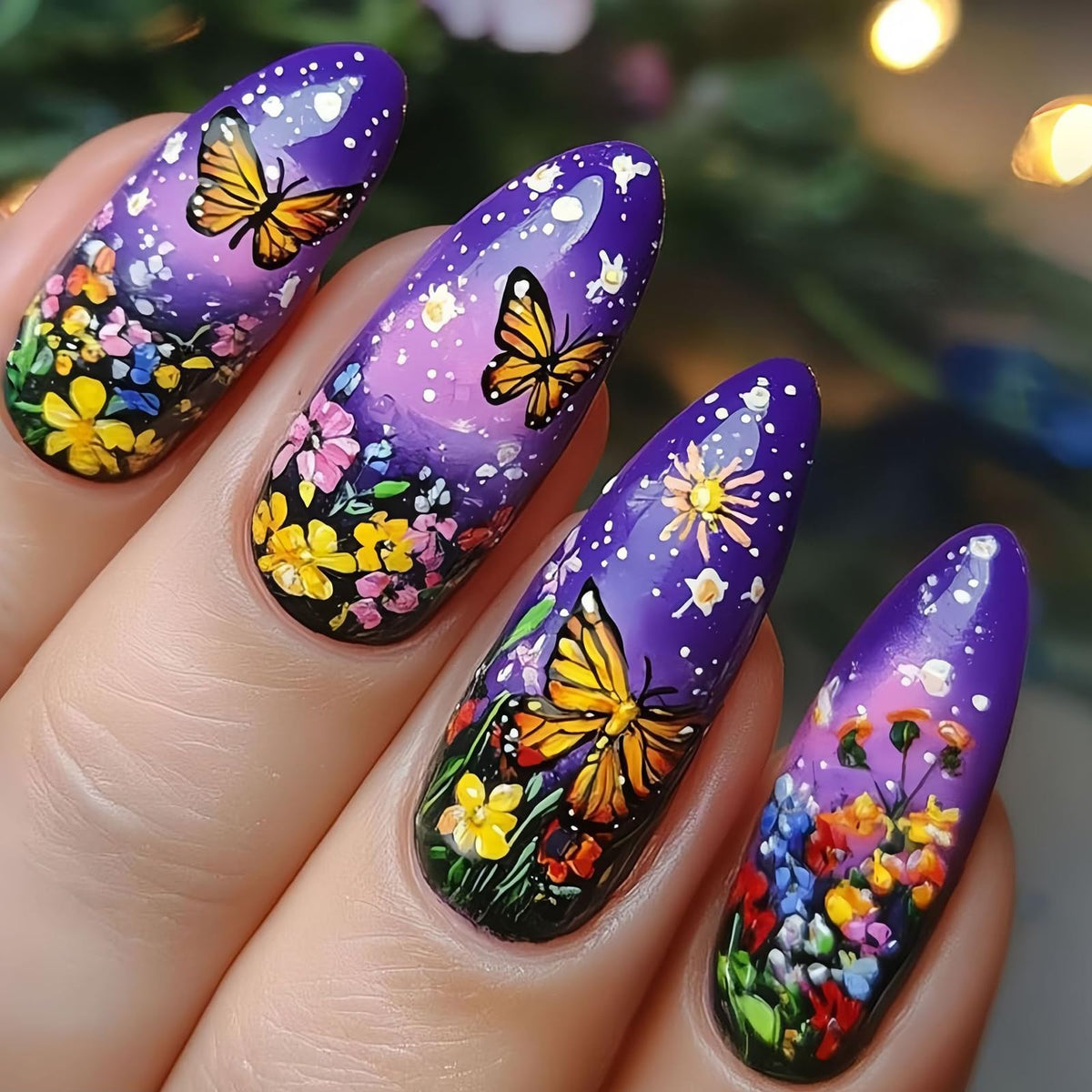 Summer Press on Nails Almond Pink Floral Shell Pearl Gold Dot Fake Women
