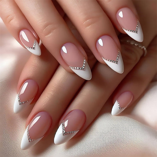 Tyuimhx White French Tip Press on Nails Medium Almond Fake Nail Rhinestones False Nails Glossy Full Cover Stick on Nail Acrylic Artificial Glue on Nail for Women 24 Pcs