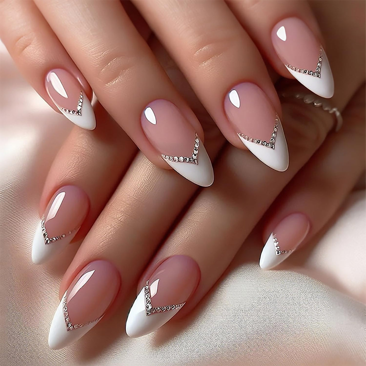 Tyuimhx White French Tip Press on Nails Medium Almond Fake Nail Rhinestones False Nails Glossy Full Cover Stick on Nail Acrylic Artificial Glue on Nail for Women 24 Pcs