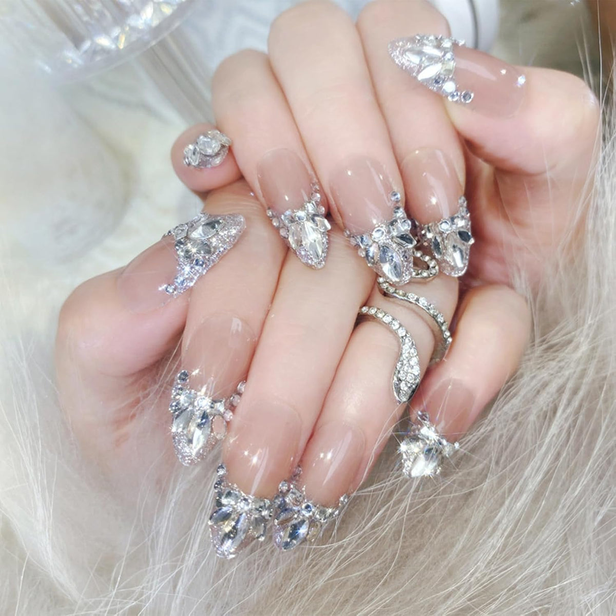 IMRAIN Medium Almond Silver Glitter French Tips False Nails with Rhinestone Designs - Glossy Full Cover Glue on Artificial Stiletto Nude Nails for Women Girls - 24 Pcs