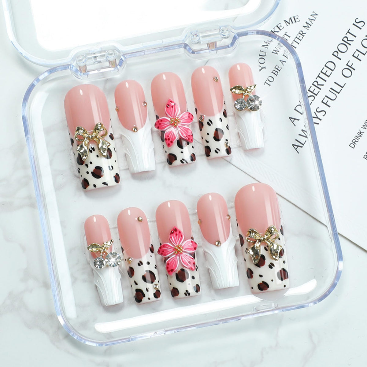 Luxury Handmade Press on Nails Long Coffin Fake Nails Rhinestone Crystal Full Cover False Nails with Glue with Designs Sparkly Long Acrylic Nail Reusable Stick on Nail for Women 10Pcs(Size M)