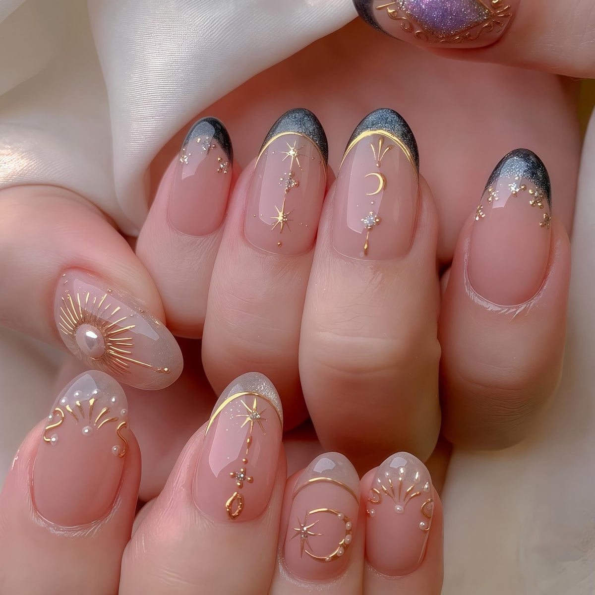 Silver Glitter Press on Nails French Tip Fake Nails Medium Almond False Nail with Rhinestone Design Nude Glossy Artificial Acrylic Full Cover Diamond Glue on Nail for Women Christmas Manicure 24Pcs