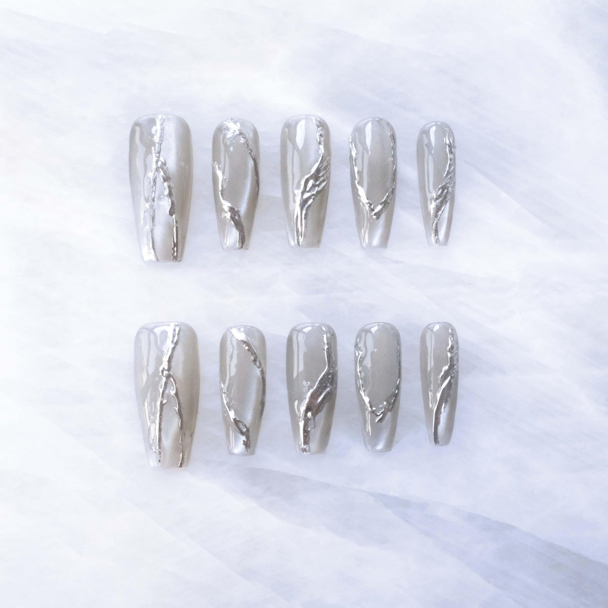 Luxury Handmade Press On Nails, Vintage Bohemian Style, Long Stiletto Shape, Crystal Heart Gems, Gold Stars Design, 10 Pieces (Large, LS)