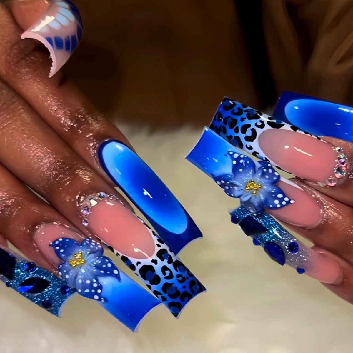 IMSOHOT Luxury Handmade Press on Nails Long Square Fake Nails with 3D Flower Designs Glossy Blue French Tips False Nails Full Cover Acrylic Glue Stick on Nails for Women