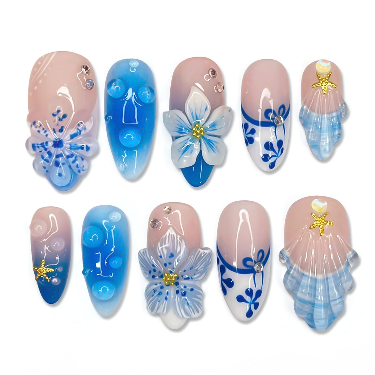HOSAILY Luxury Press on Nails Medium Almond Rhinestones French Designs Fake Nails, 24PCS Glossy Sparkle Colorful Gems Stick on Nails for Women Party Daily Wear