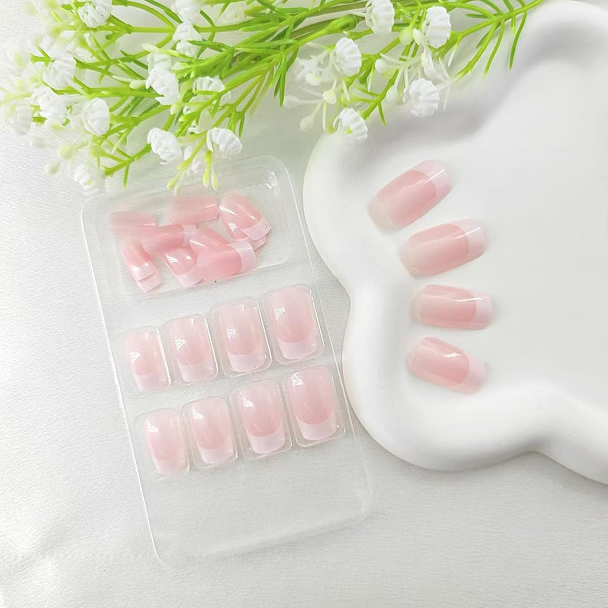 Medium Press on Nails Square White French Tip False Nails with Glitter Design Cute Fake Nails Light Pink Full Cover Nails Press ons Glossy Glue on Nails for Girls and Women 24Pcs