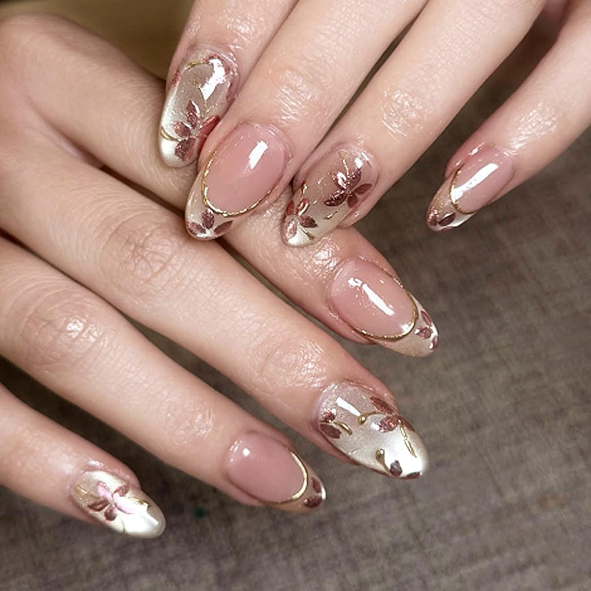Black French Tip Press On Nails Almond Stiletto, Nude Glossy Fake Nails