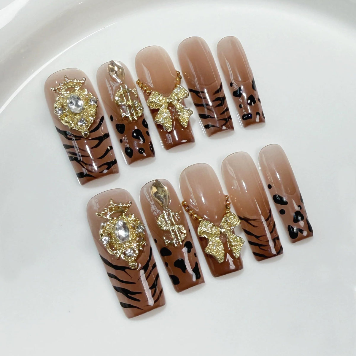 Luxury Handmade Press on Nails Long Coffin Fake Nails Rhinestone Crystal Full Cover False Nails with Glue with Designs Sparkly Long Acrylic Nail Reusable Stick on Nail for Women 10Pcs(Size M)