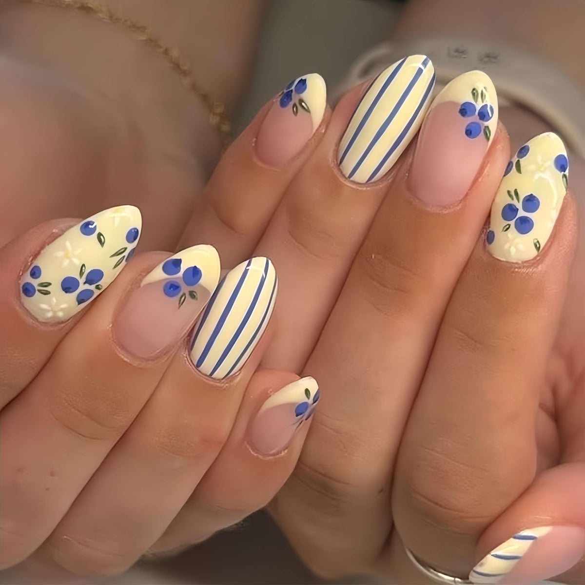 Medium Almond Press On Nails, Milky Nude Fake Nails with White French Tips, Gold Outline Design, Rhinestone and Pearl Accents, Glossy Reusable Glue On Nails for Women Wedding, 24PCS