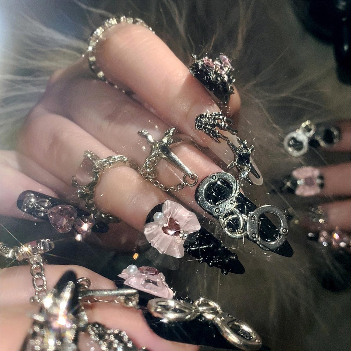 SINHOT Luxury Press on Nails - Long Coffin Fake Nails 3D Handmade Cute Pink Reusable False Nails with Rhinestone Designs,DIY Artificial Nail Art, 24pcs