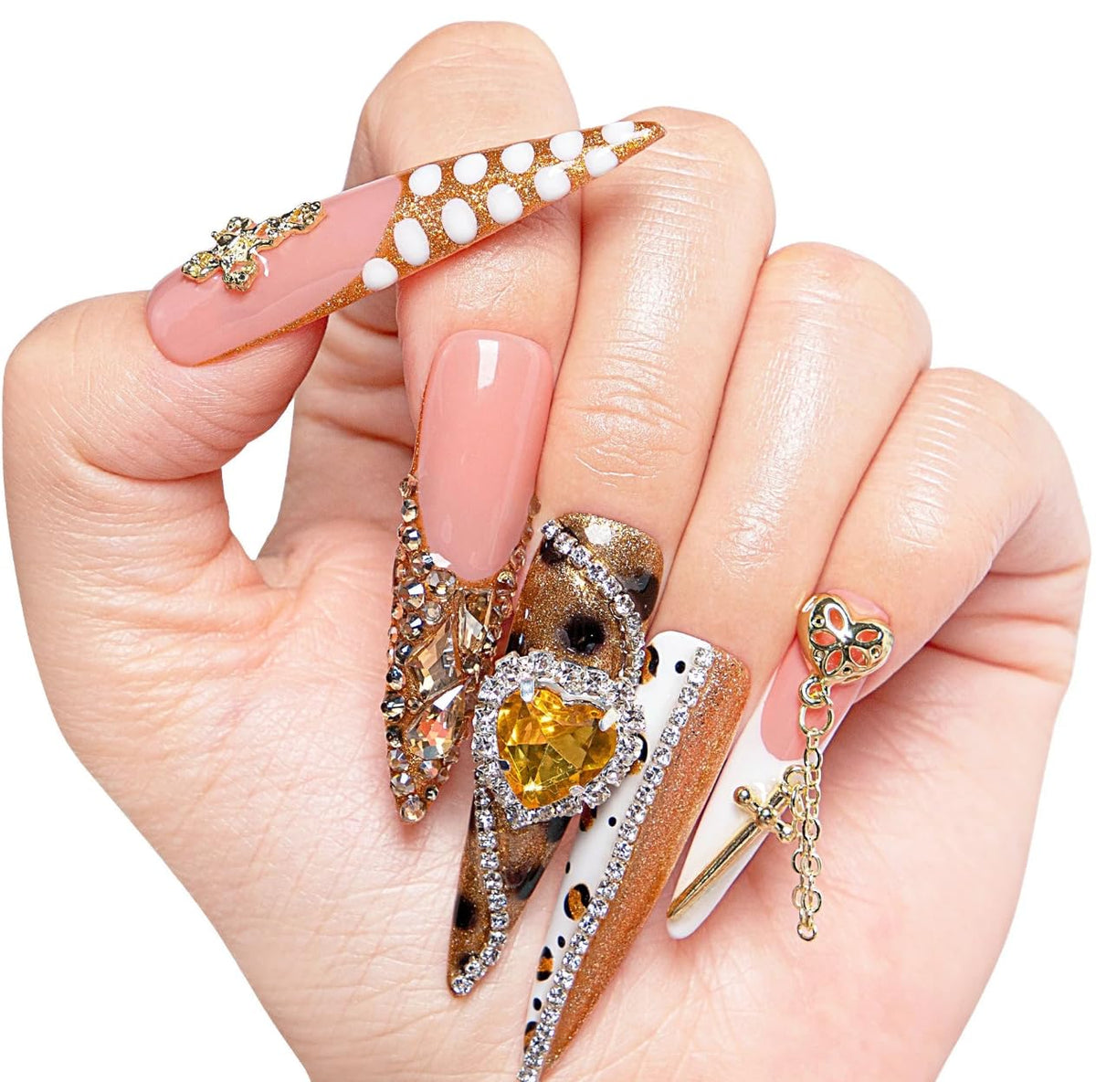LOVFUL Reusable Press on Nails | Regal Glitz | Salon Quality Sustainable Style Handmade with Full Covered Crystals | Stiletto Mid Length 1.7 in | H259-L