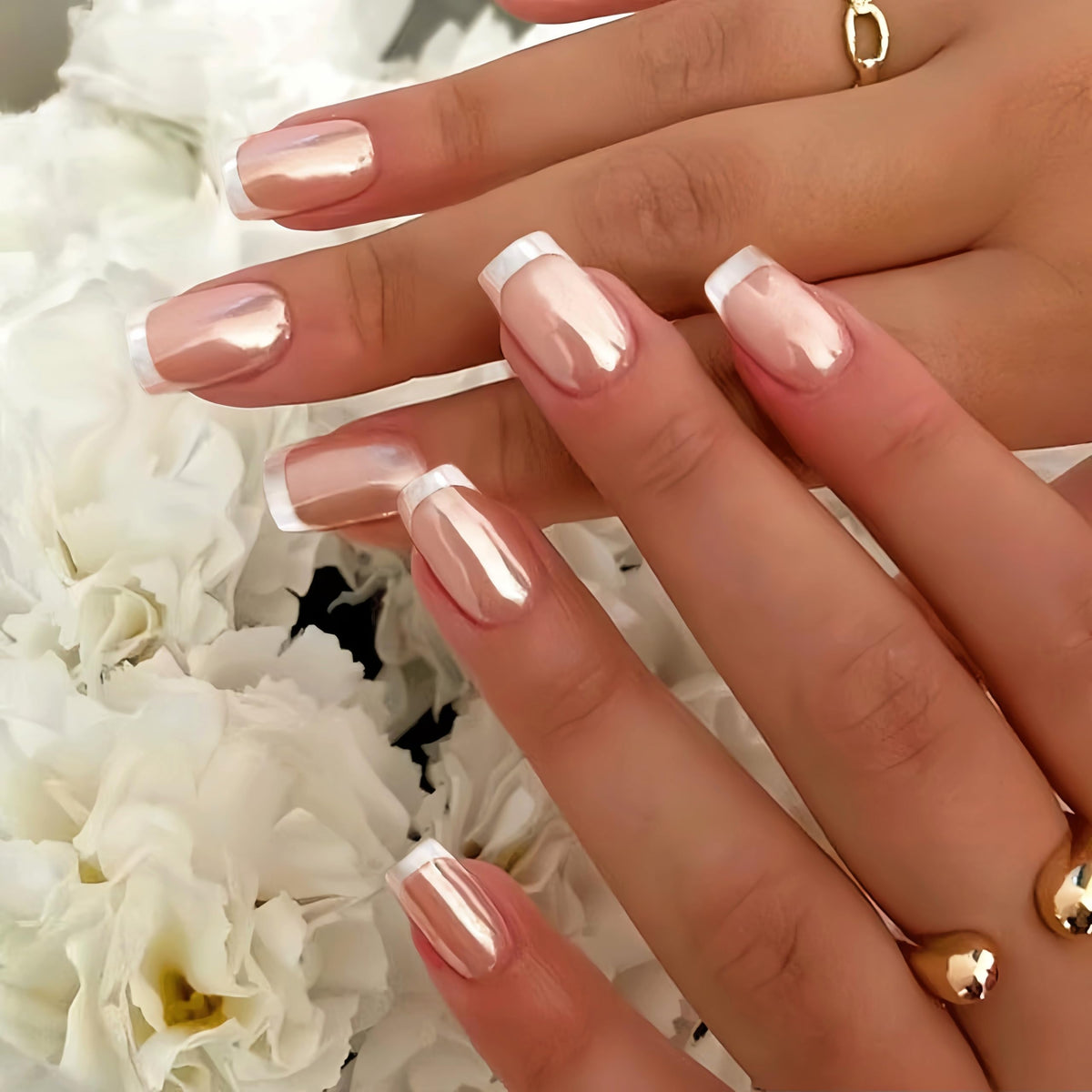 White French Tip Press On Nails Almond - KQueenest Chrome Press On Nails Medium, Glazed Natural Light Nude Fake Nails Press on, Reusable Glue on Nails Stick On Nail for Women Bridal Wedding