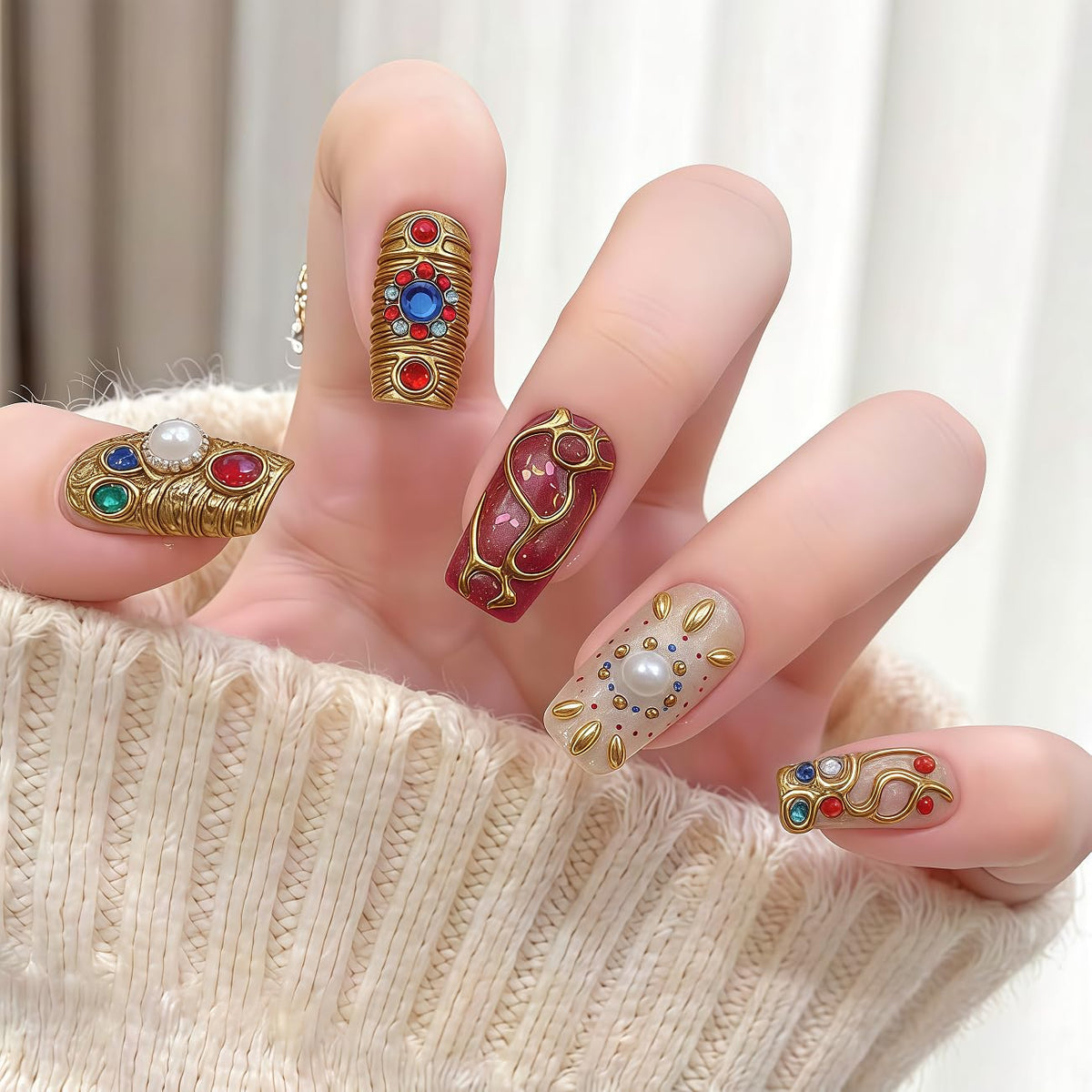 Medium Almond Press on Nails - 3D Gemstone & Gold Embossed Art, 24Pcs Reusable Fake Nails with Multi-layered gel polish finish, Salon level Fake Nails for Weddings, Parties, Special Events (ZF308)