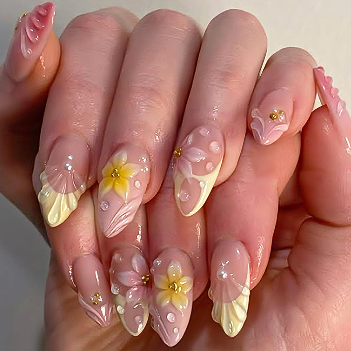 HOSAILY Long Almond Gold Glitter Press On Nails - Luxury French Shimmer Diamond Design, Holiday Party & Wedding False Nail, 24PCS Full Cover Gel Nail for Women- Autumn to New Year’s Elegance