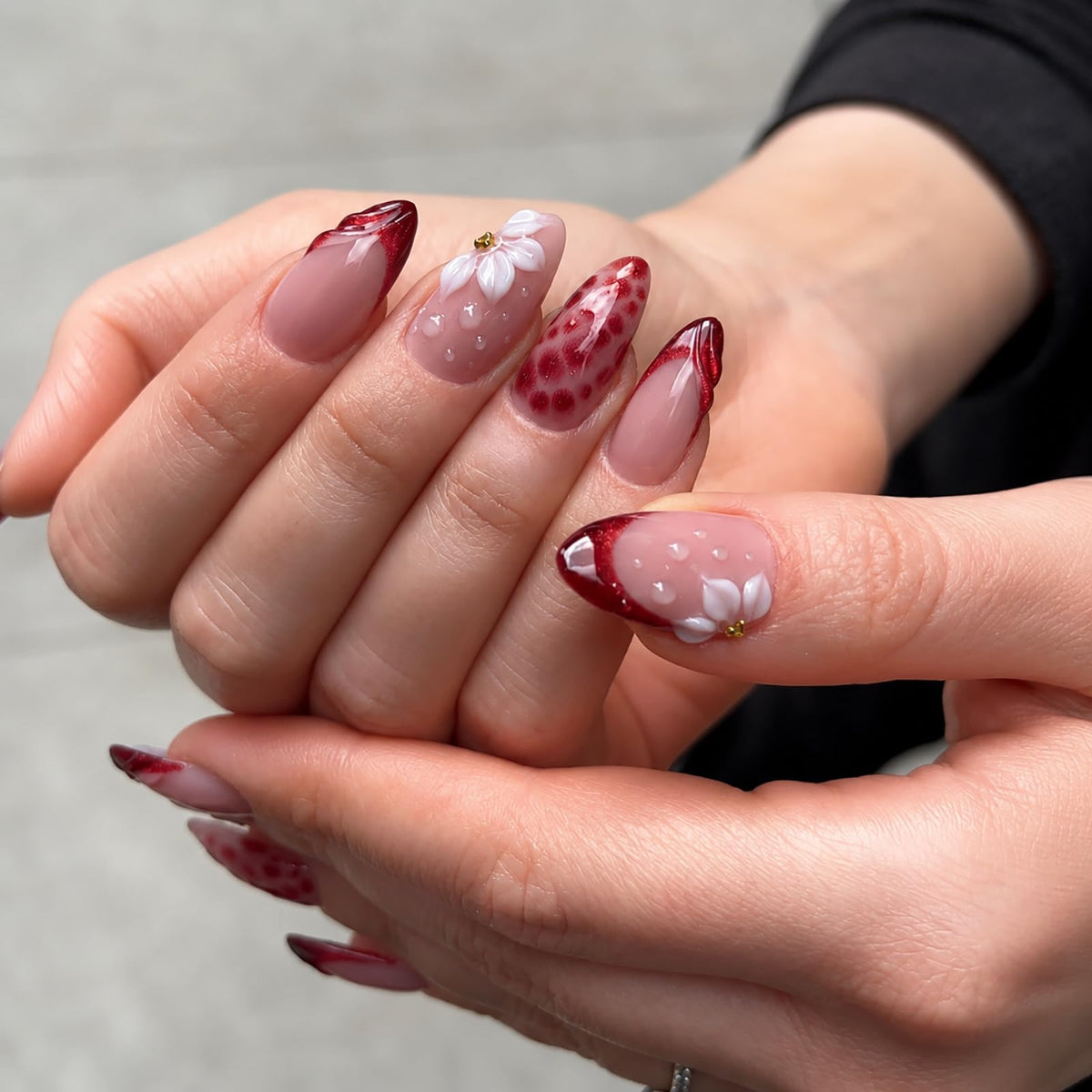 Bridal Press on Nails Short Almond Nude 3D White Floral Lace Pearl Wedding