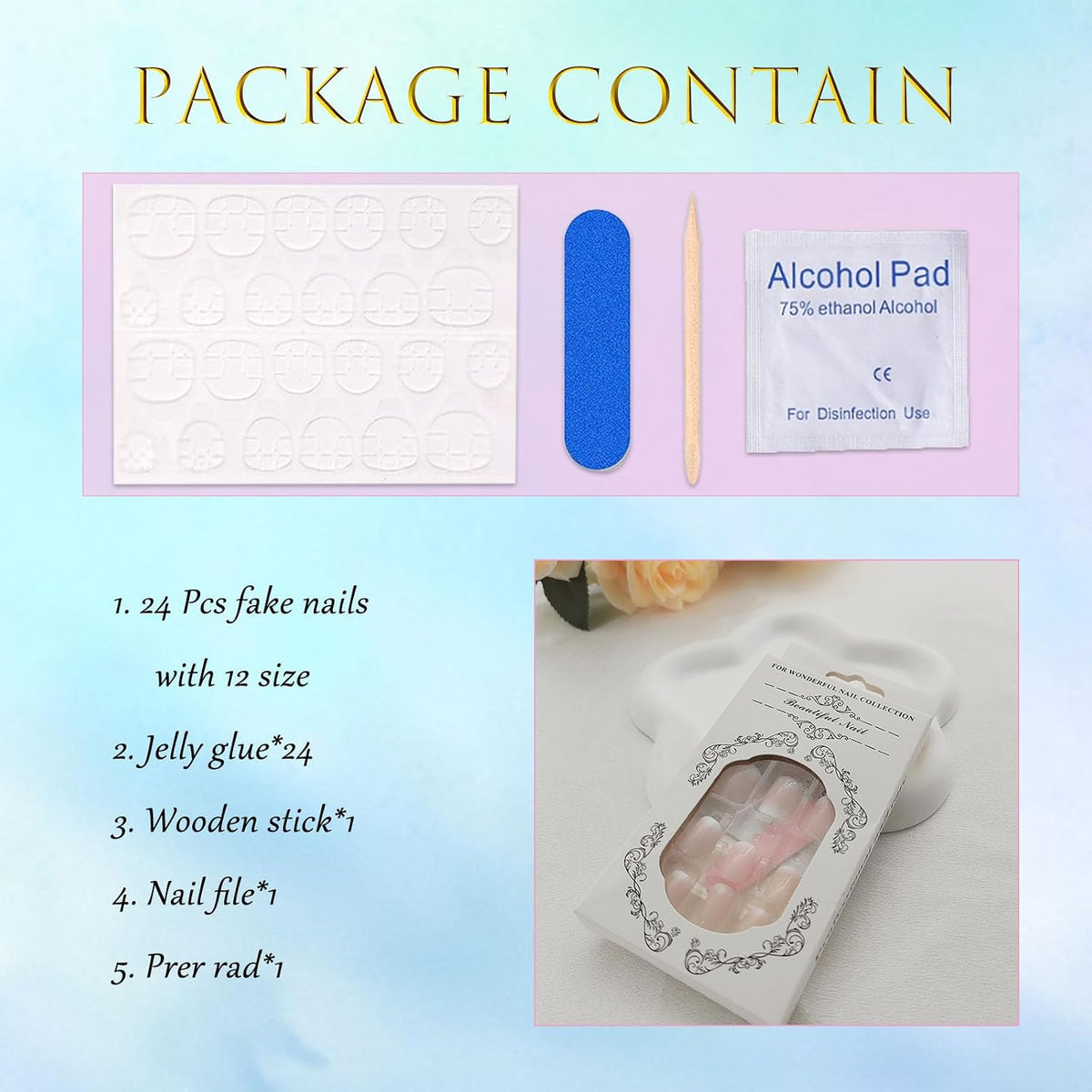 Short Press on Nails Square Nude Ombre Fake Nails Press ons White Glue Stick on Nails with Designs Full Cover Acrylic Glossy Artificial Cute False Nail for Women Girls 24 Pcs