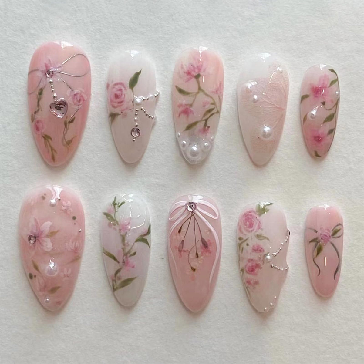 Green Press on Nails Medium Almond Fake Nails with 3D Pearl Rhinestones Designs Gold French Tips Flower Acrylic Nails False Nails White Floral Full Cover Glossy Stick on Nails for Women 24Pcs