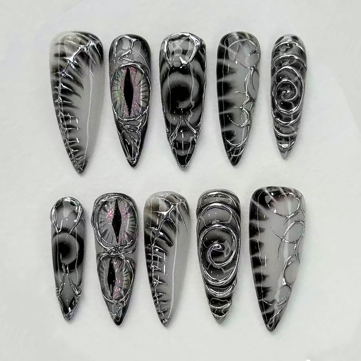 30Pcs Long Stiletto Press On Nails Gold Chrome Fake Nails with 3D Rhinestone Design Amber Gilding Nude Full Cover Acrylic Nails French Tip Glue On Nails Metal False Nails Luxury Manicure Set for Women