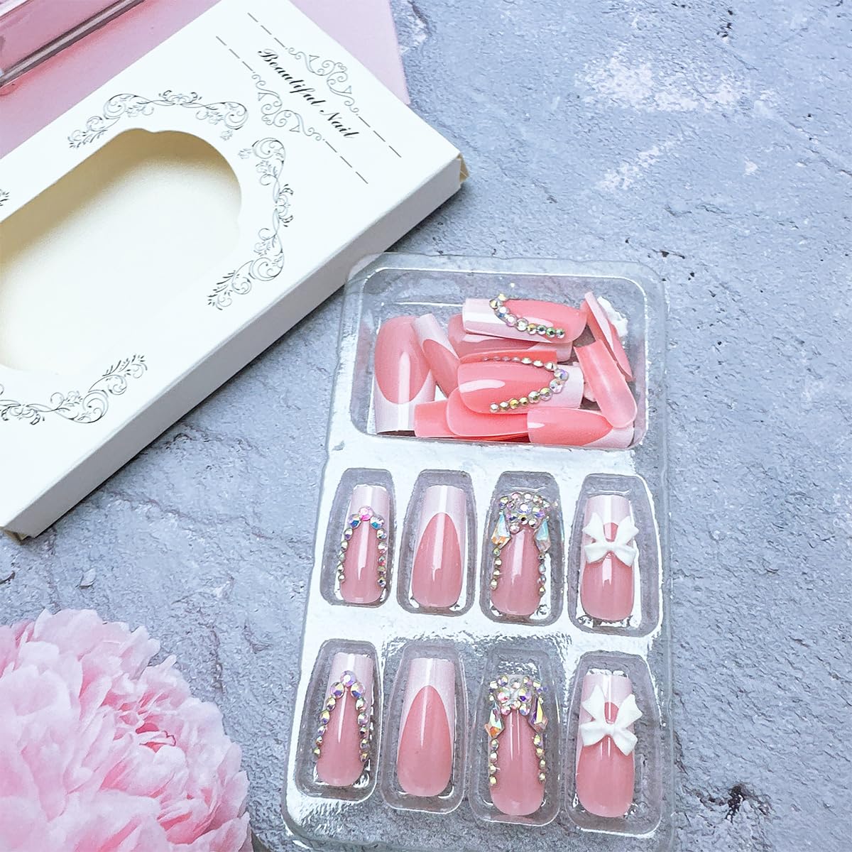 24 Pcs French Tip Press On Nails Long Coffin Almond Acrylic Full Cover Stick on Nails with Glitter Rhinestones Designs White Bow False Nails for Women Nail Art Decoration