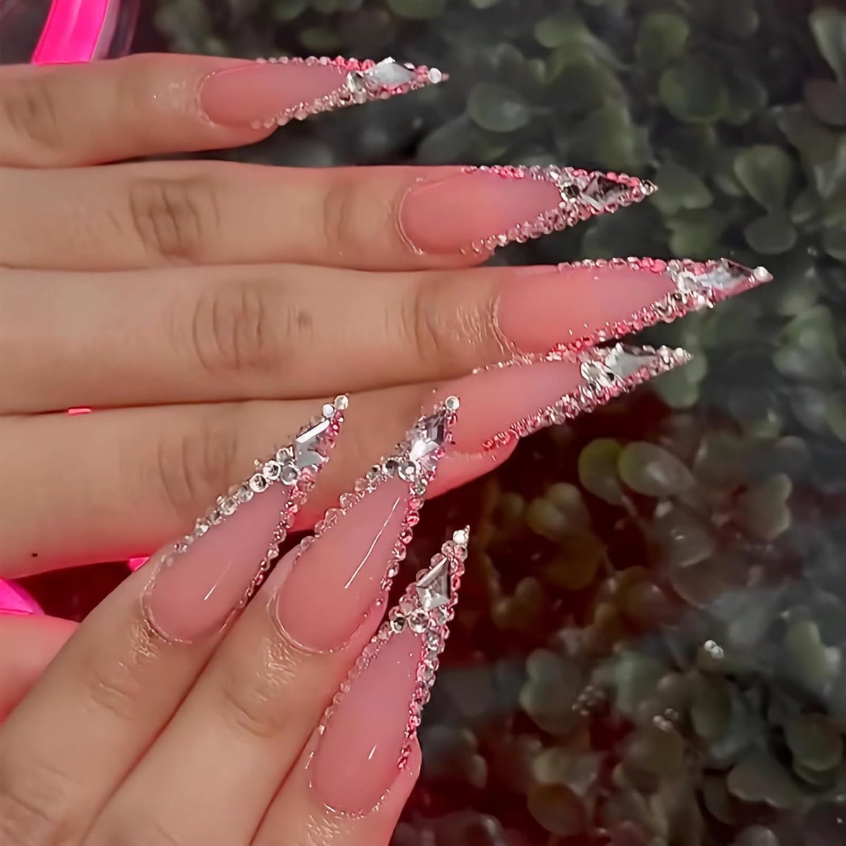 BABALAL Press On Nails, Extra Long Stiletto Fake Nails, Nude Pink, Crystal Rhinestone & Diamond Accents, Glossy Luxury Wedding Party Glue On Nails for Women and Girls 24Pcs