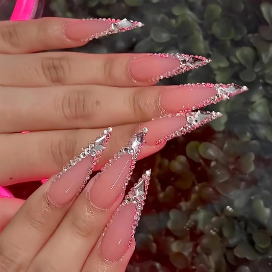 BABALAL Press On Nails, Extra Long Stiletto Fake Nails, Nude Pink, Crystal Rhinestone & Diamond Accents, Glossy Luxury Wedding Party Glue On Nails for Women and Girls 24Pcs